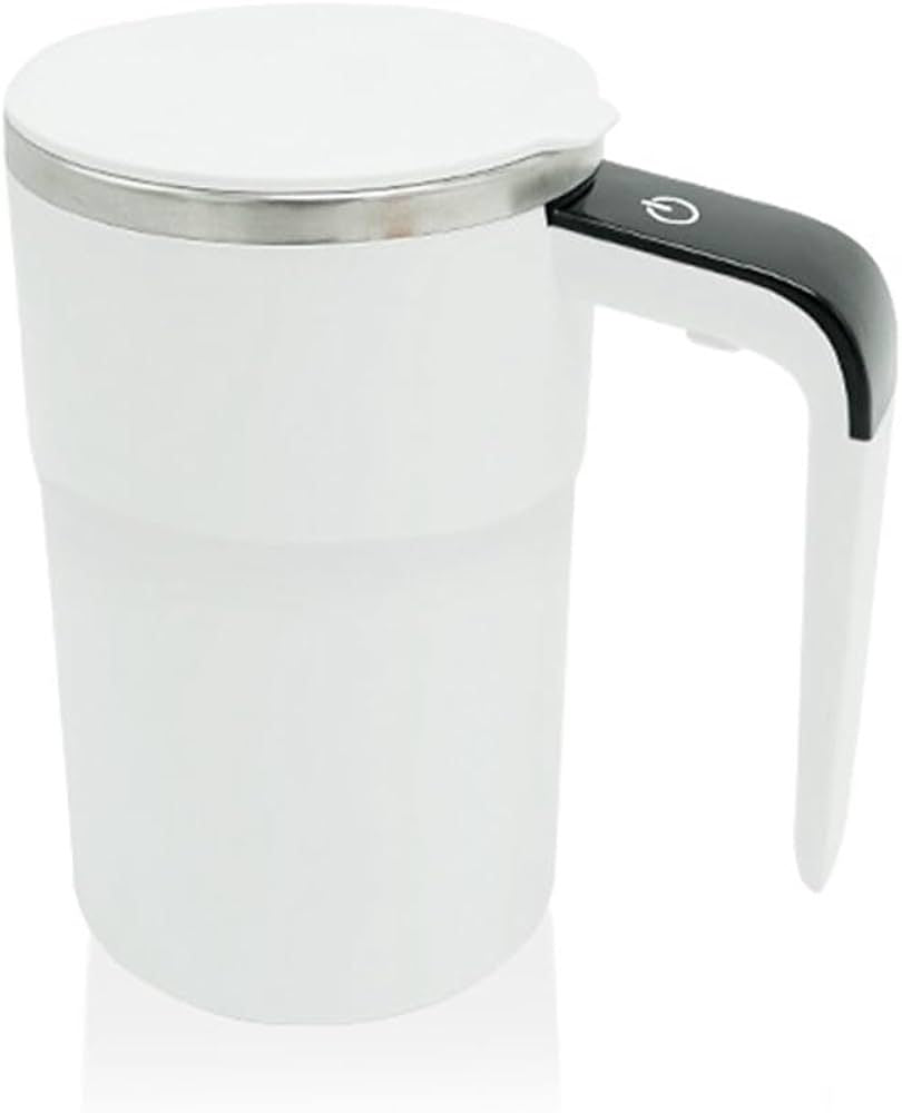 Self Stirring WHITE Mug. Auto Magnetic Coffee Mug with LED Display Temperature. Rechargeable Automatic Stirring Cup. 12oz Self Mixing Cup with Lid To Stir Coffee Mixed Milk at Desk Use